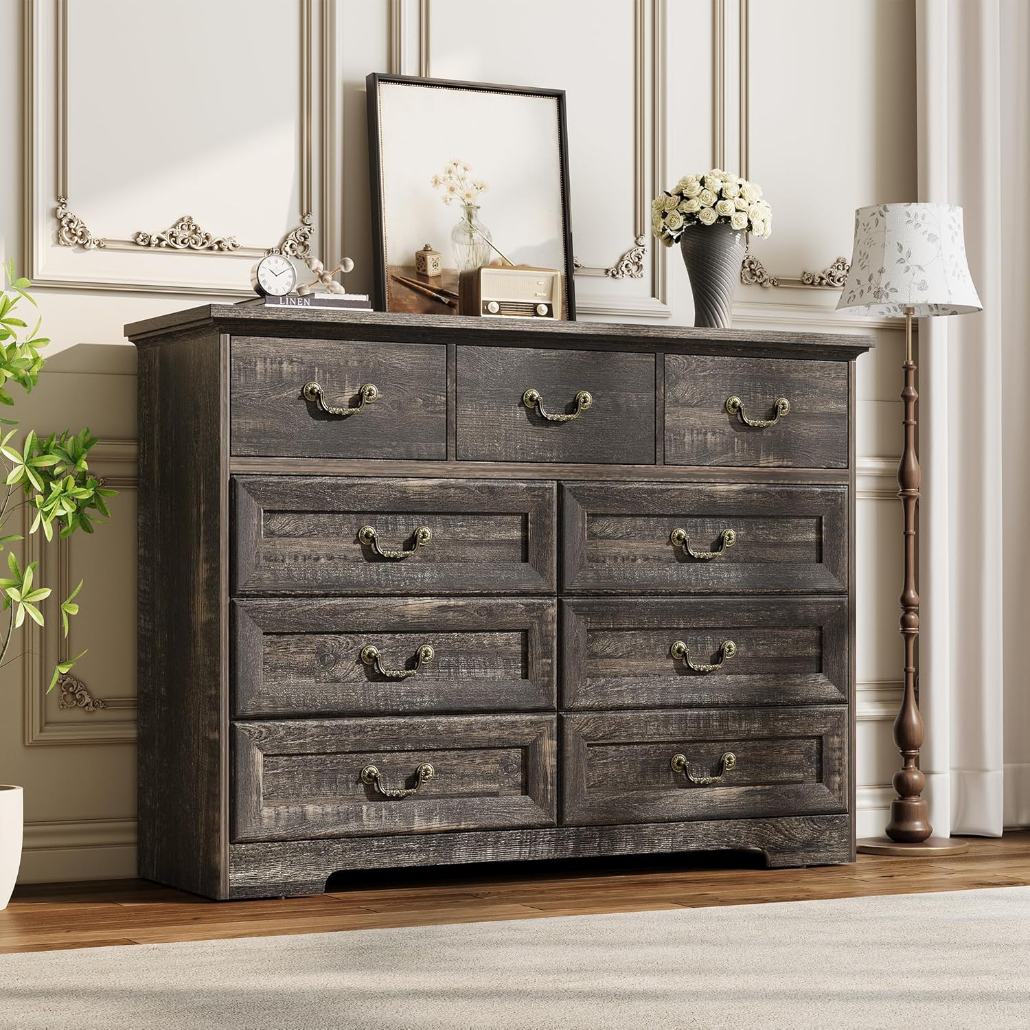 9-Drawer Dresser for Bedroom, 47 in Wide Dressers Wood Vintage Chest of Drawers with Natural Texture and Vintage Gold Floral Handles, Farmhouse Storage Organizer for Living Room, Hallway Entryway