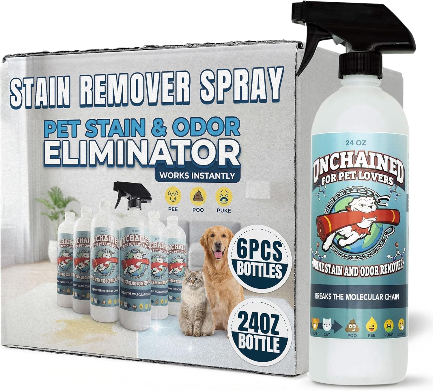 Unchained Pet Urine Stain & Odor Remover Spray – Oxygen-Based Cleaner, Professional Strength for Carpets, Concrete, Furniture, Upholstery – 24oz Each, 6 Pack