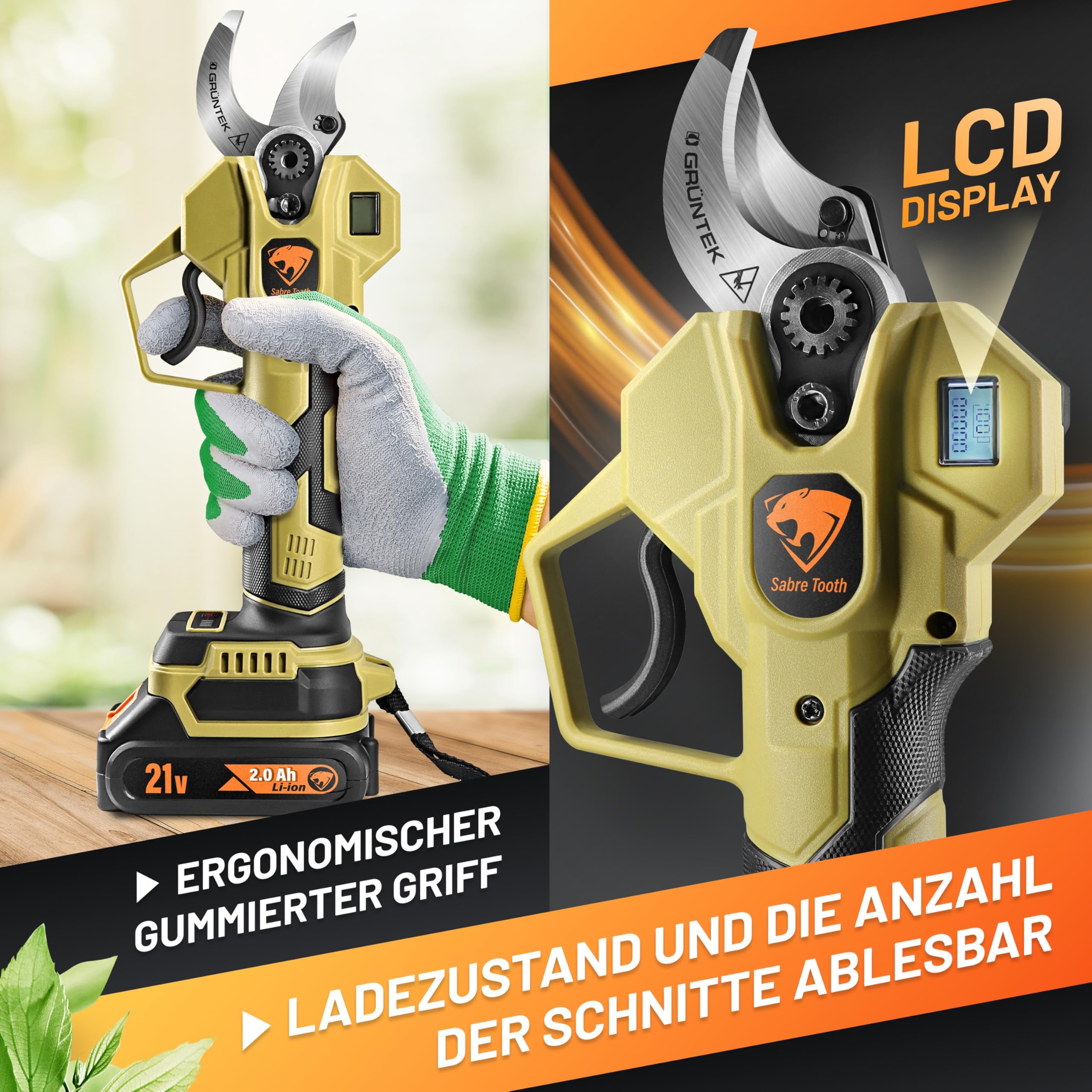 GRÜNTEK Akku Astschere 21V 2Ah Brushless, Elektrische Gartenschere Akku bis 30mm, 400W Bürstenloser Motor SK5 Klinge Makita-Kompatibel, Koffer Komplett-Set Baumschere Akkuschere