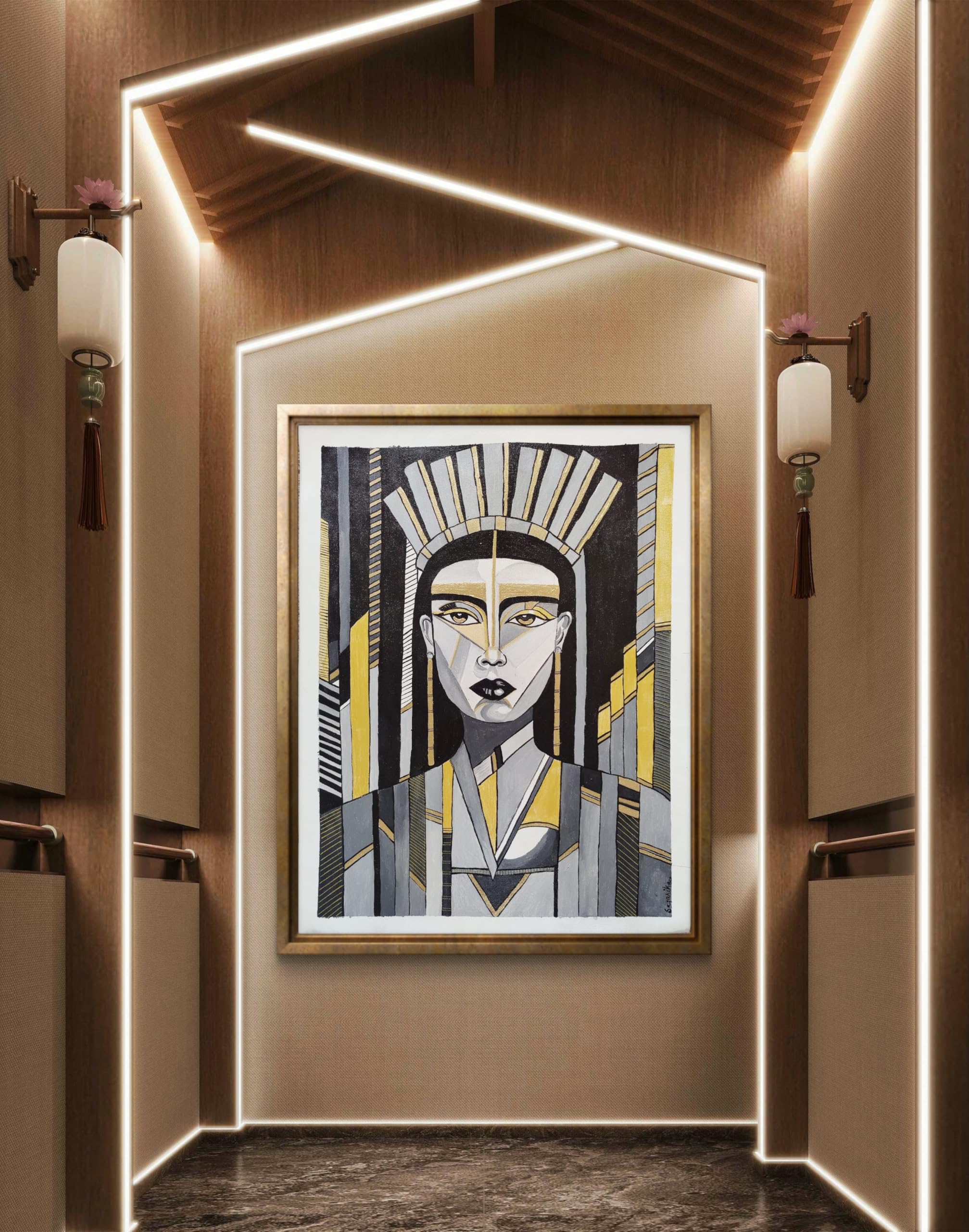 BHARAT ART BAZAAR | Handmade Art Deco Portrait Painting - Bold Modern Woman in Black, Gold & Grey | Abstract Wall Art for Home & Office D�cor (Handmade Artwork) | 19'' X 24''-image-14