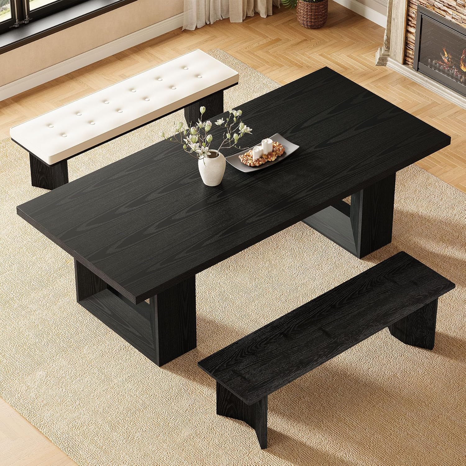 Solid Wood Bench with Removable Cushion, 55-Inch Modern Dining Bench for Entryway, Dining Room, Living Room, End of Bed
