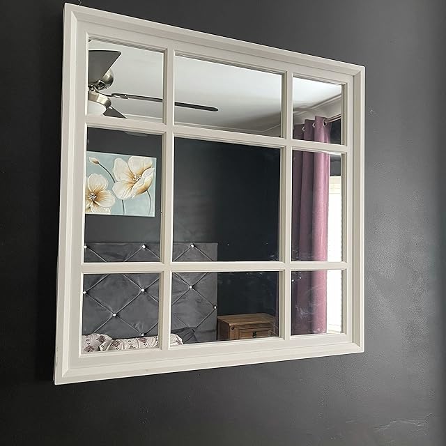 WHITE ENCHANTED WINDOW STYLE WALL MIRROR MANTEL HALLWAY SQUARE WINDOW MIRROR 61x61cm