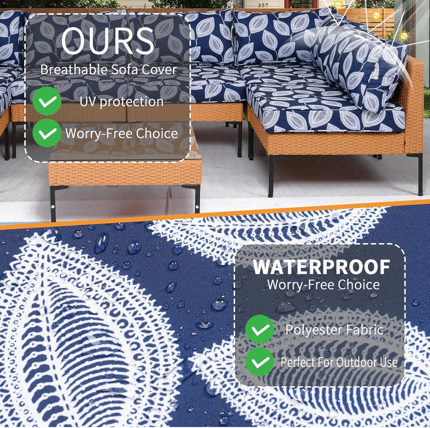 14Pcs Patio Cushion Covers Replacement Outdoor Cushion Cover with Zippers Waterproof Furniture Covers for 6-Seater Patio Furniture Sofa Couch Slipcovers Couch 3 Sizes Covers Only