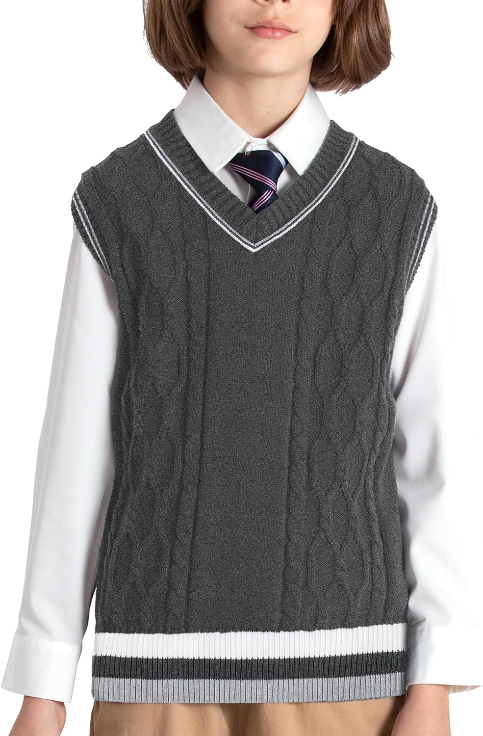 JSTEX Boys Sweater Vest 100% Cotton Kids Uniform Vest Girls V-Neck Sleeveless Knit Pullover for Size 4-14 - Image 2