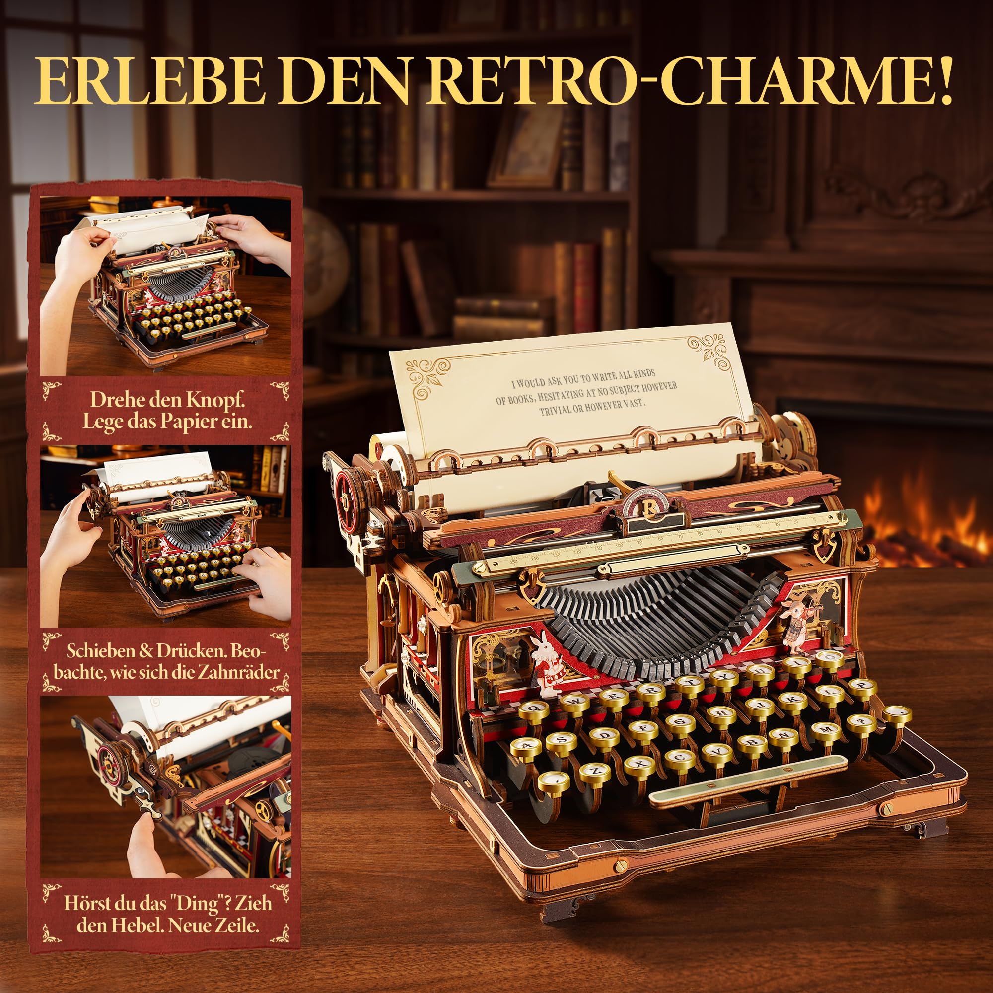 ROBOTIME 3D Holzpuzzle Mechanische Schreibmaschine - Fairytale Vintage Modellbausatz für Erwachsene, Interaktives DIY Bastelset & Ästhetisches Deko Geschenk, LK703C (Orange)
