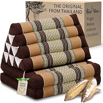 livasia Thai cushion with 2 seat rests - 47x20x3.1″ - Triangle cushion with seat cushion, Wedge cushion, kapok, Back support cushion, folding, Thai mat, folding, Hand made (Brown)