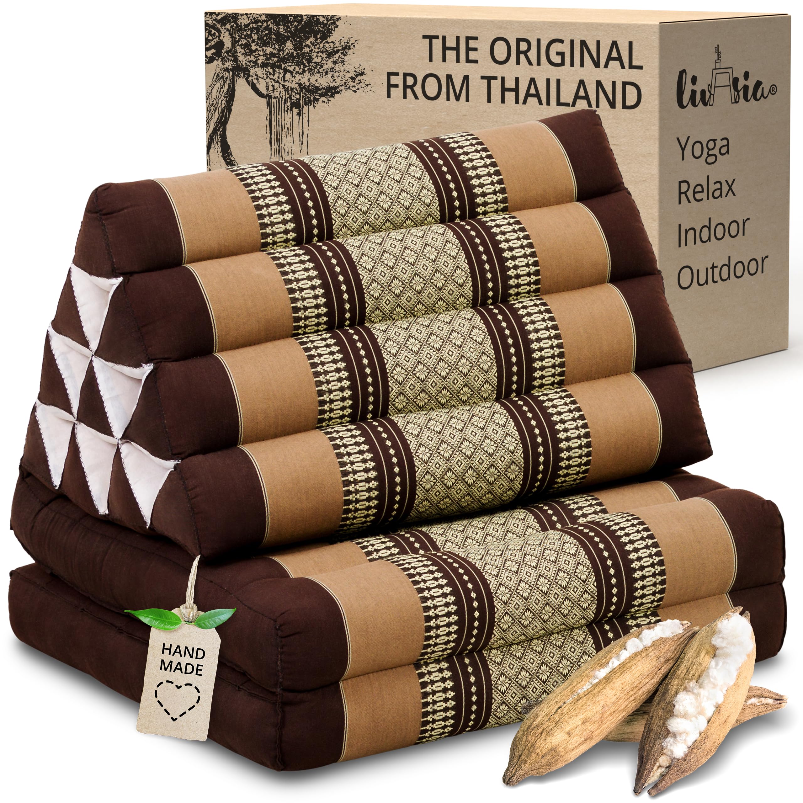 livasia Thai cushion with 2 seat rests - 47x20x3.1″ - Triangle cushion with seat cushion, Wedge cushion, kapok, Back support cushion, folding, Thai mat, folding, Hand made (Brown)