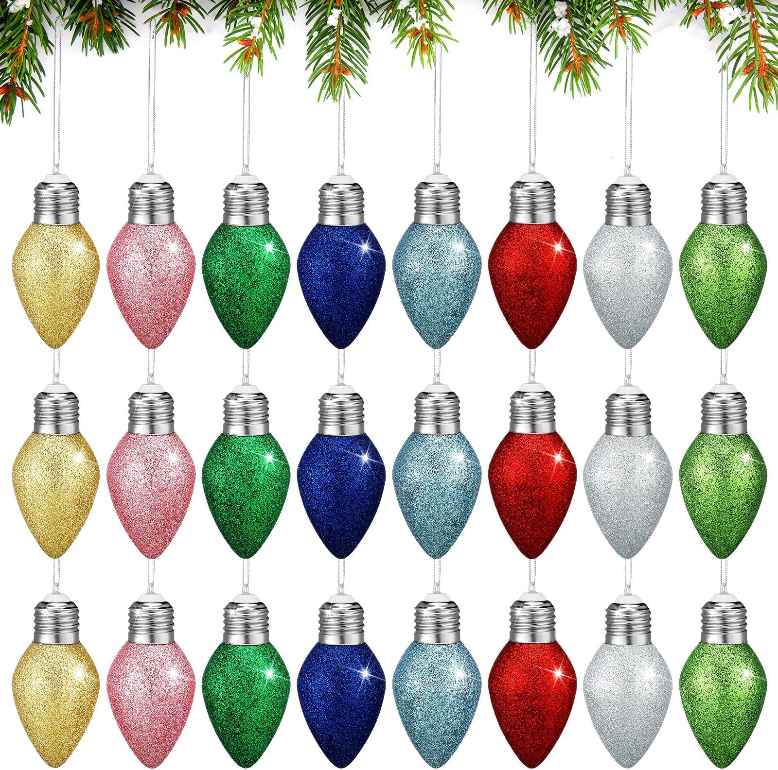 Liliful 24 Pcs Christmas Glitter Light Bulb Ornaments 1.97 x 3.15 Inch Water Resistant Plastic Flashing Christmas Ornaments for Tree Outdoor Yard Indoor Festive Bedroom Parties Decoration, 8 Colors