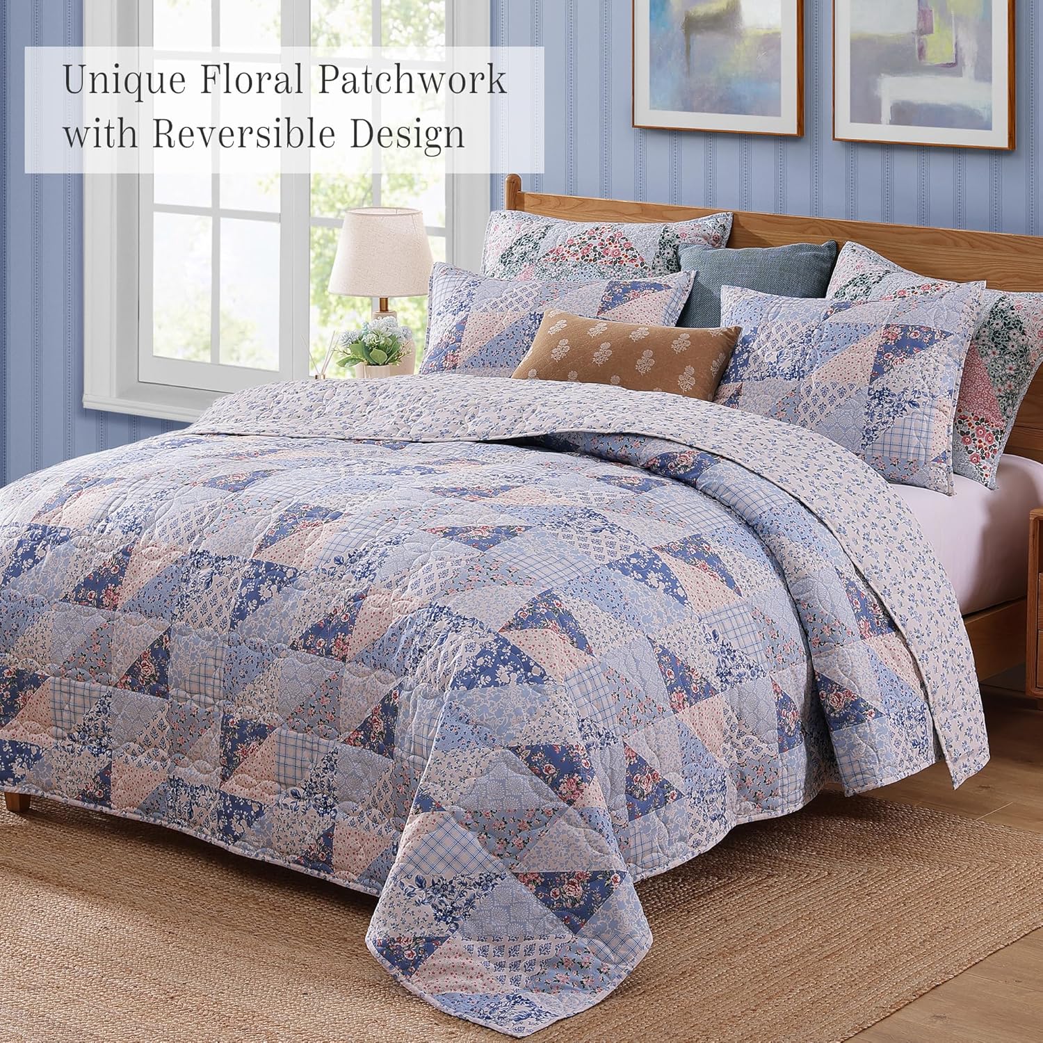 Quilt Set Queen Size, Patchwork Blue Pink Marigold Floral Quilt Sets, Reversible Bedspread Lightweight and Breathable for All Seasons, Soft Quilted Bedspread with 2 Pillow Shams - Image 2