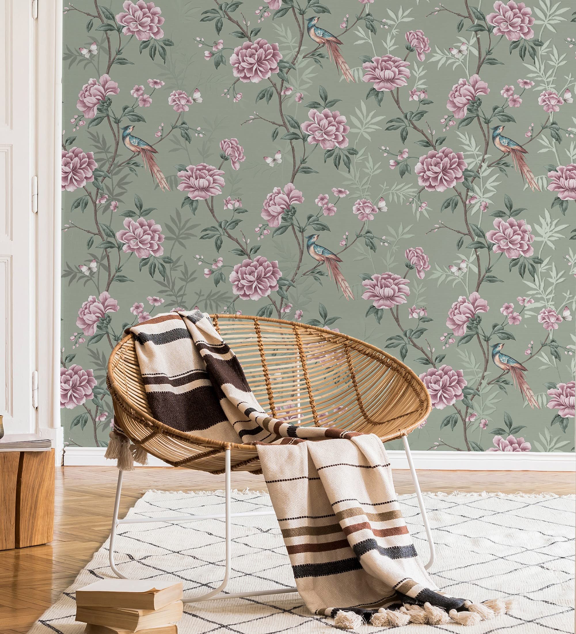 GAULAN 681988 - Papel pintado de pájaros y flores fondo texturizado efecto fibra vegetal verde para pared salón cocina baño dormitorio comedor - Rollo de 10 m x 0,52 m