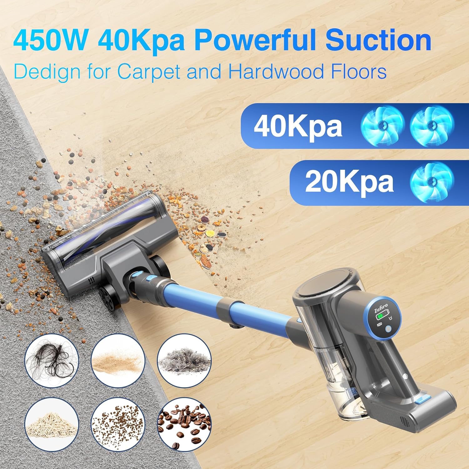Zefiro Cordless Vacuum Cleaner for Home,450W /40Kpa 50Mins Stick Vacuum,Anti-Tangle 1.5L Dust Cup, Rechargeable Wireless Handheld Vacuum for Pet Hair/Carpet/Floor