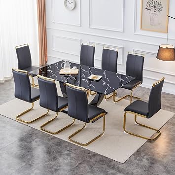 71" Dining Table Set for 8,Marble Dining Room Table Set for 8, Large Rectangular Kitchen Table and Upholstered Dining Chairs, 9 PCS Modern Kitchen Table Set