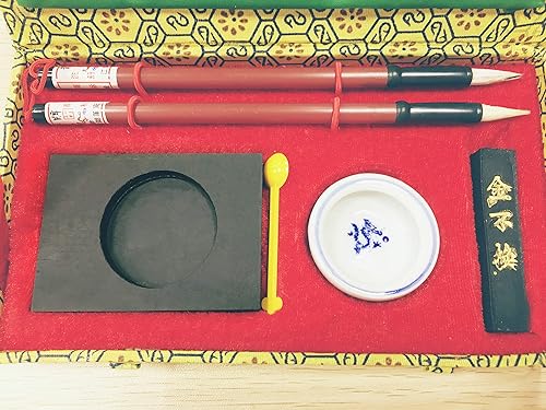 Miniatura 3 de HorBous 7 piezas de piedra de tinta de caligrafía china + cuenco de agua + barra de tinta + 2 bolígrafos de pincel + cuchara de tinta + caja de