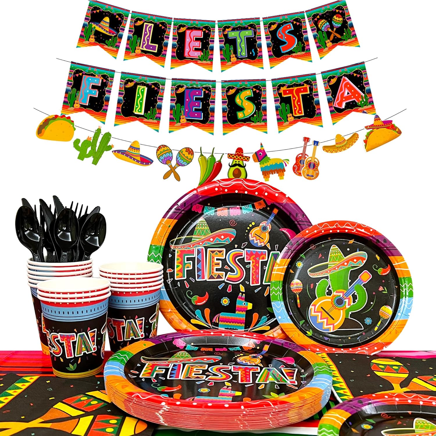 Mexican Themed Fiesta Party Supplies, 163pcs Mexican Party Paper Tableware set Including Fiesta Plates Cups Napkins Tablecloth and Banner ect Fiesta Themed Party Supplies, for 20 Guests : Home & Kitchen