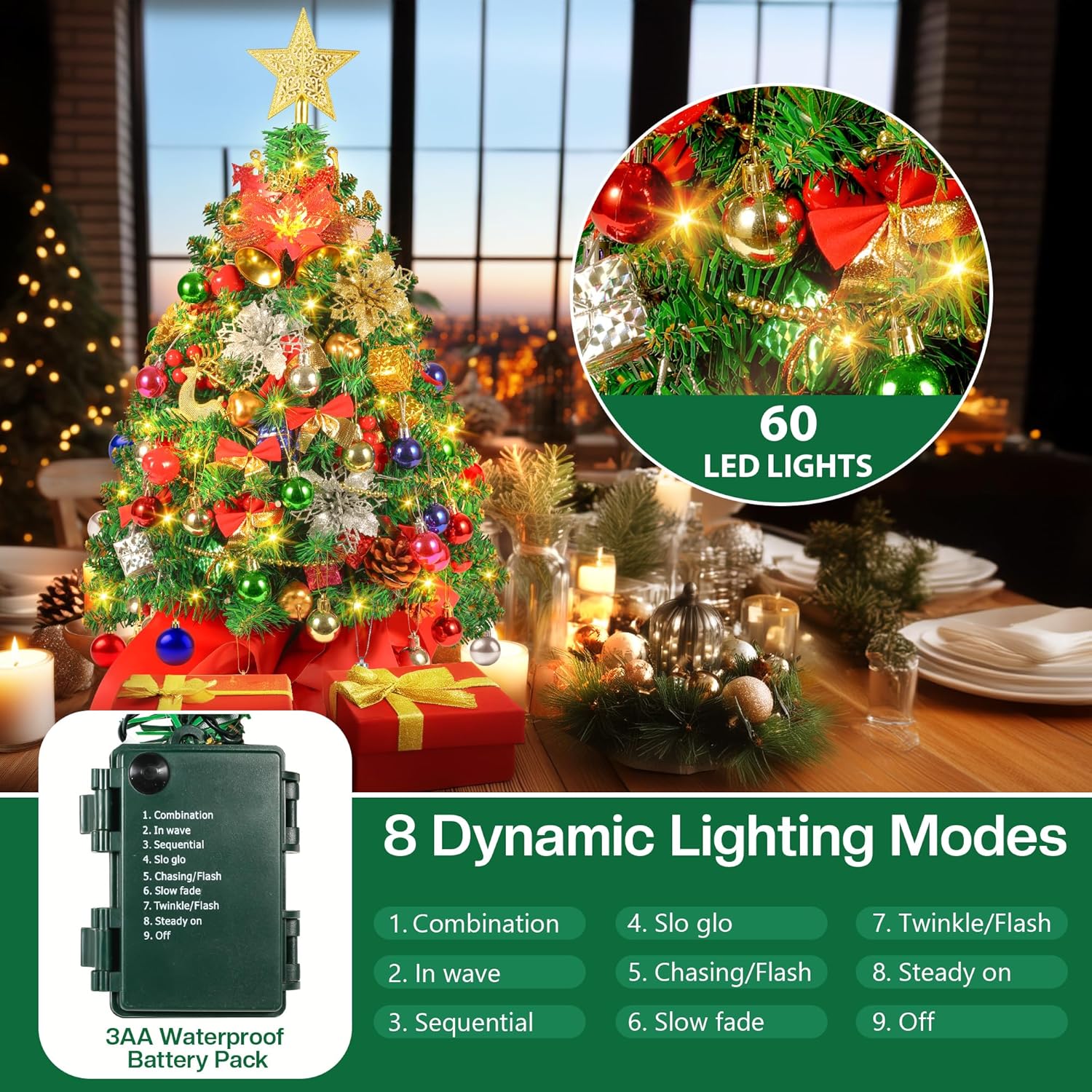Close-up of the 3AA waterproof battery pack for the LED lights, showing the button and a list of 8 dynamic lighting modes.