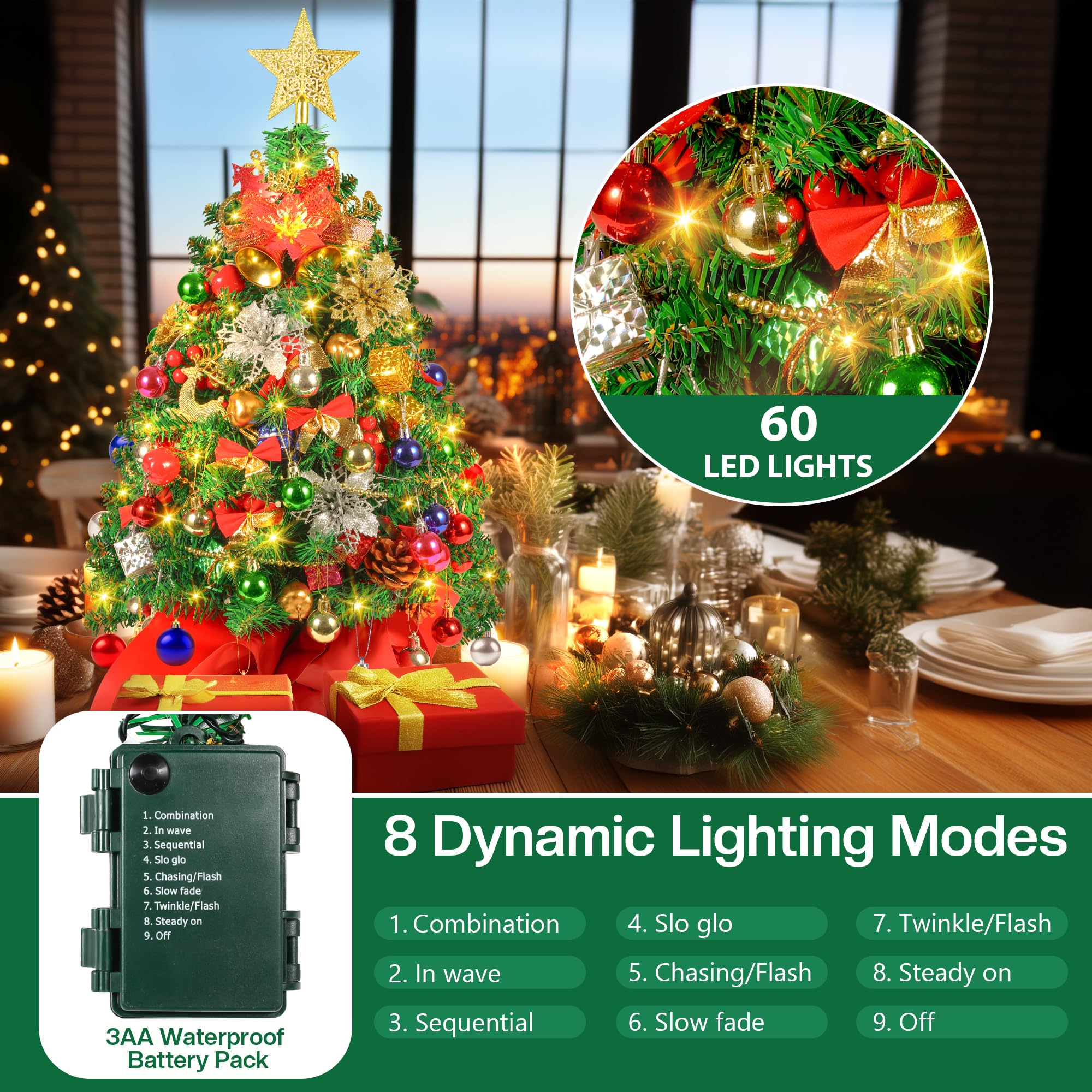 Mini sapin de Noël de 0,6 m avec lumières, sapin de Noël de table pré-éclairé avec 100 branches et plus de 80 décorations à faire soi-même, décorations de Noël d'intérieur et cadeaux pour homme et