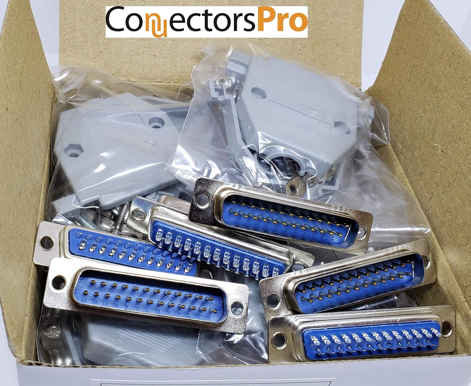 6 Sets Solder Cup DB25 Male + Plastic Hoods, 25 Pins D-Sub Connector & Hood Set, 12-Pack (6 DB25 Males + 6 Hoods)