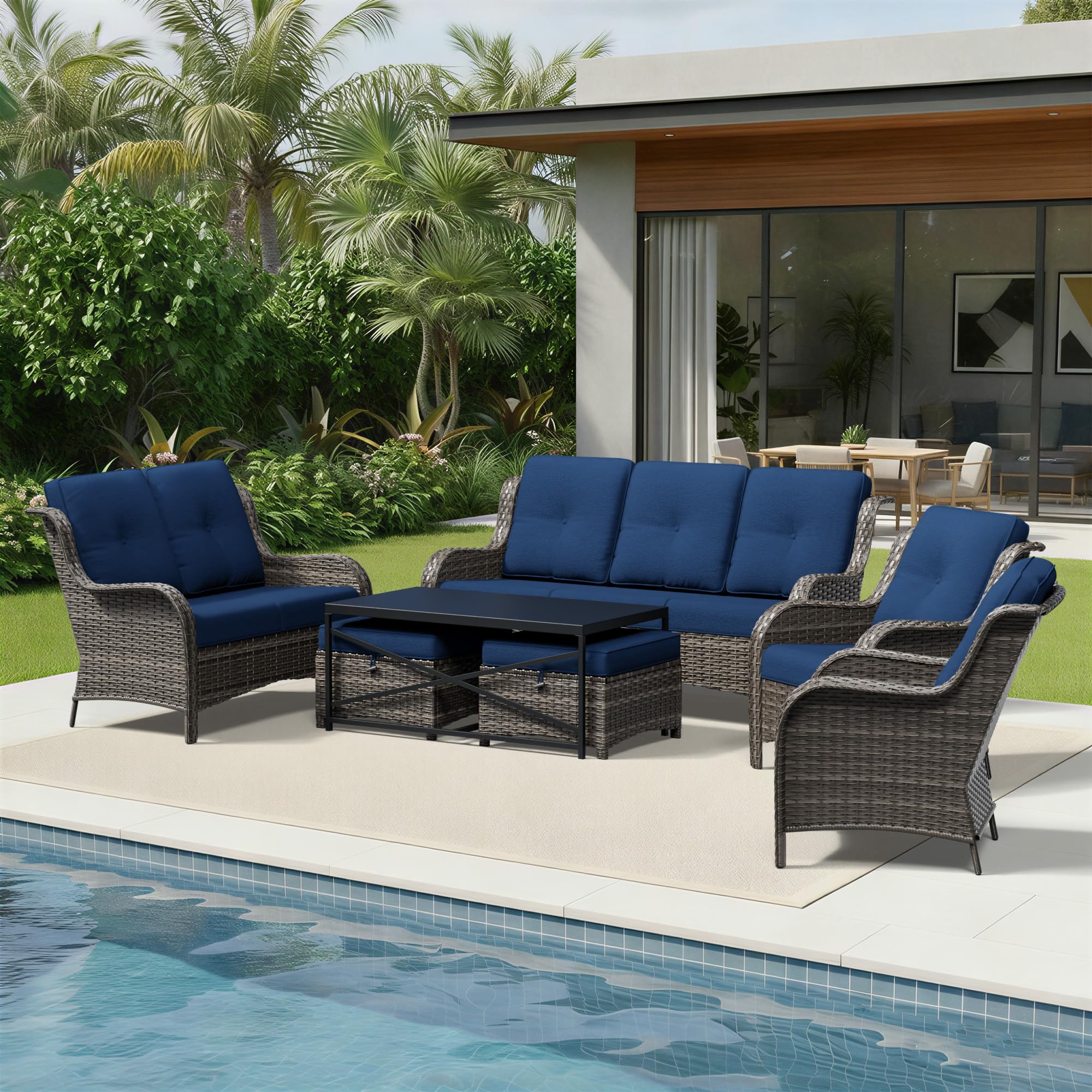 Joyside 7 Piece Wicker Patio Furniture Set, Rattan Patio Chairs with High Back, Deep Seating, Wide Armrest, Thickened Cushions, Outdoor Furniture for Deck, Porch Use
