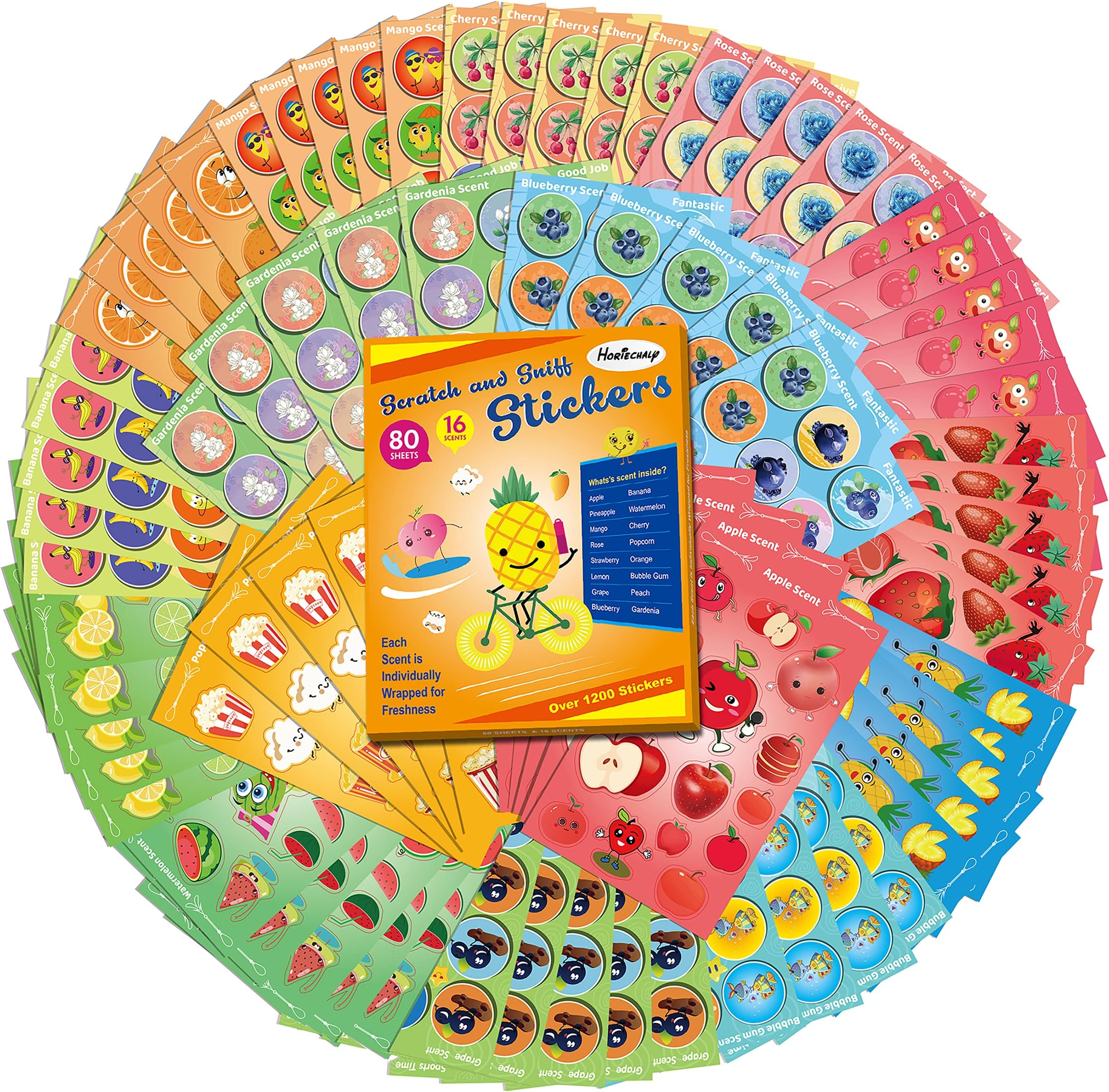 HORIECHALY Scratch and Sniff Stickers, 80 Sheets 16 Different Scents, Best Choice for Kids & Teachers & Parents as Reward Stickers, Gift, Party Favor, Goodie. Awesome Smelly Stickers.