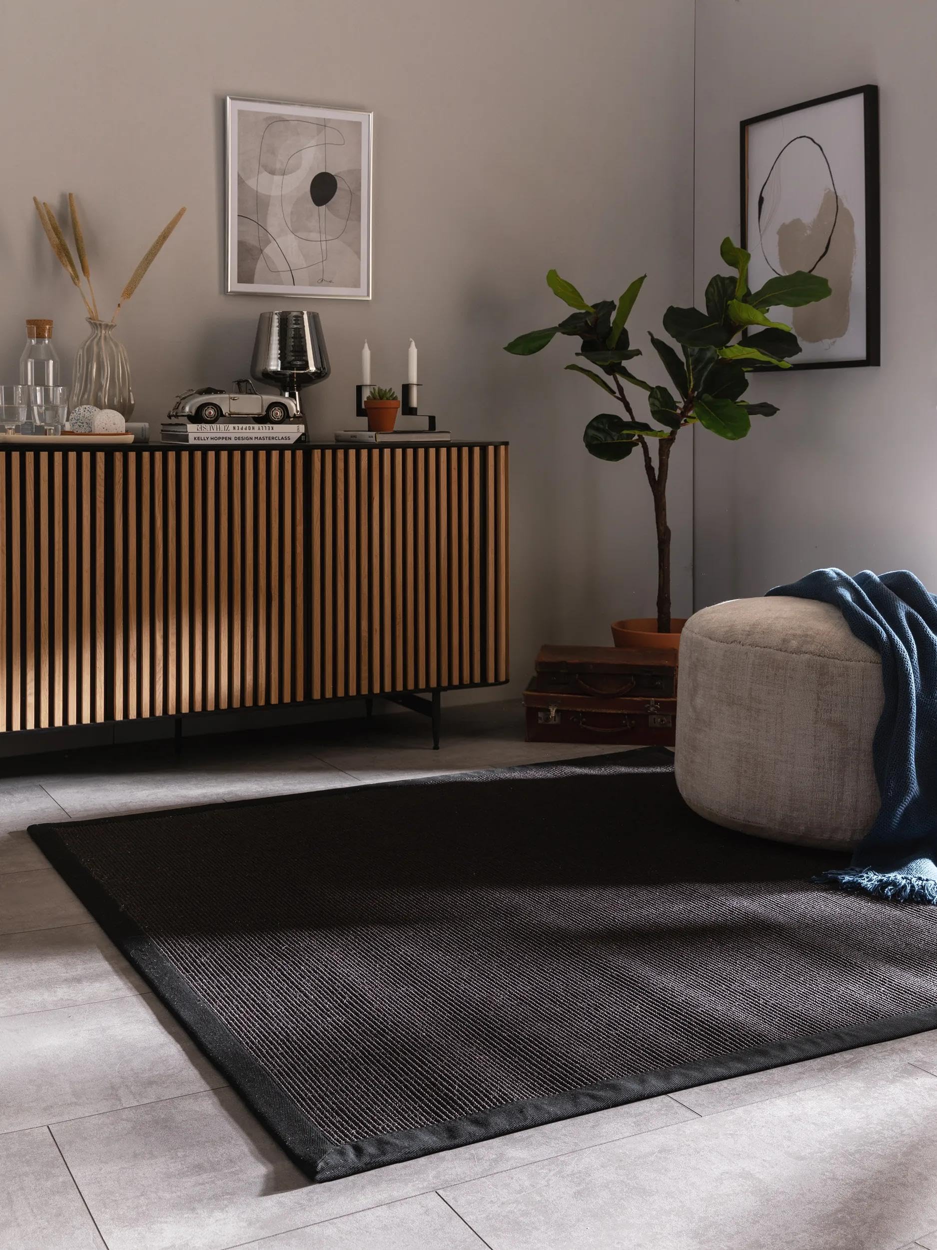 Benuta Nest Sisal Sana Tapis en Fibre Naturelle - Noir - 150 x 150 cm - Tapis Robuste pour Salle à Manger et Salon - 100% Fibre Naturelle sisal - Design Intemporel