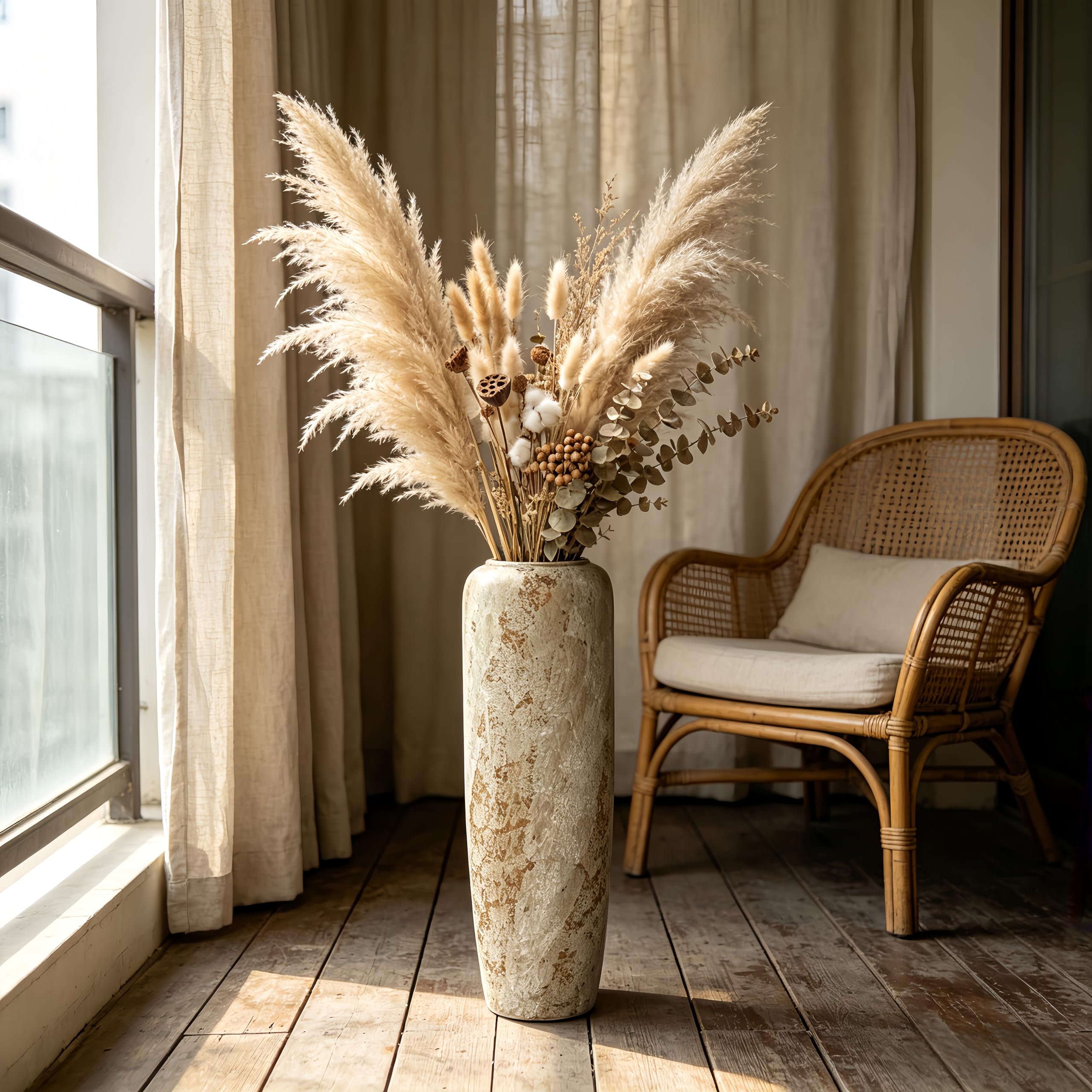 Boho Bodenvase aus Keramik, 60 cm, Rustikale Vintage Vase für Wohnzimmer Dekoration, Pampasgras oder Trockenblumen, Perfekt für Regale und Tische