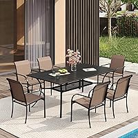 VICLLAX 6-Person Patio Dining Set: 59" Rectangle Table & Sling Chairs, Rust-Resistant Outdoor Furniture Black Tabletop Brown Fabric