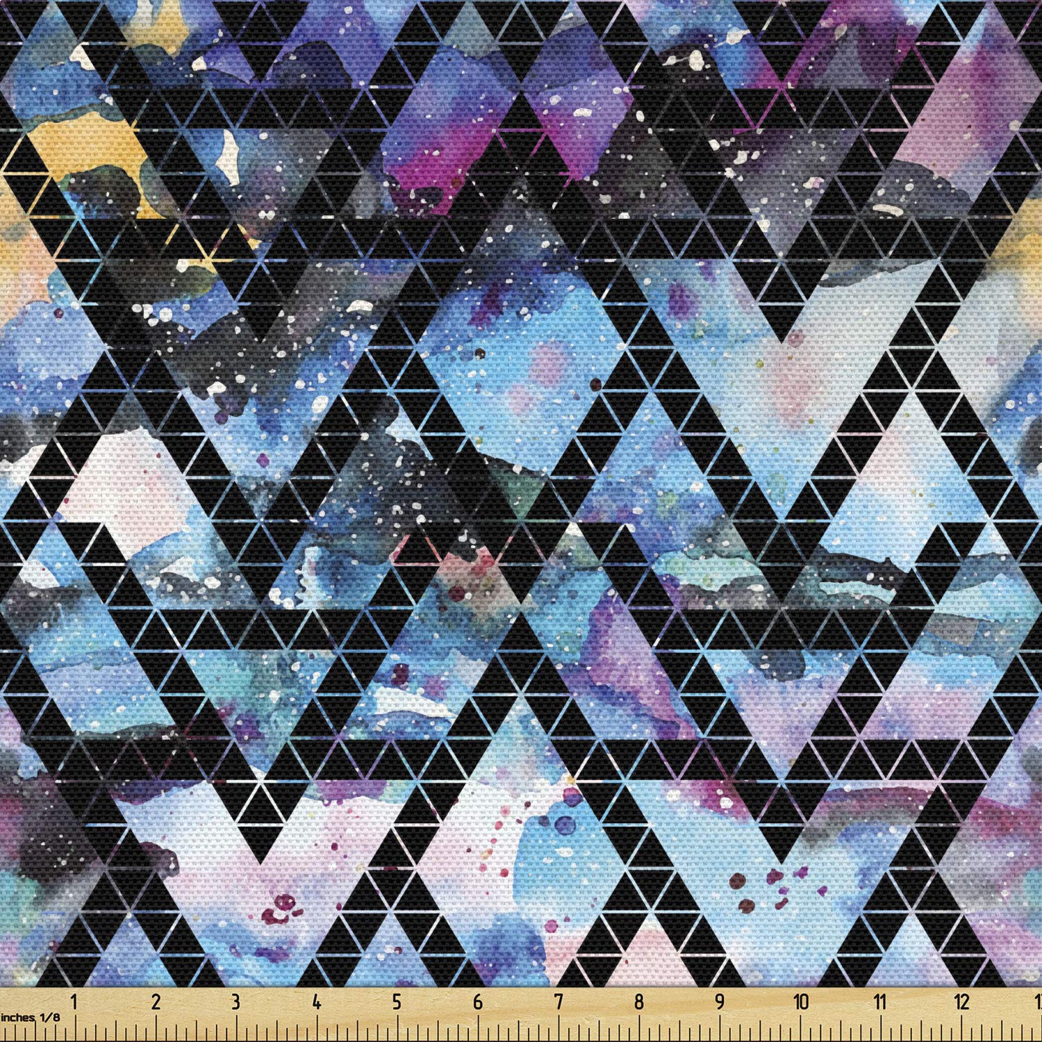 Lunarable Galaxy Fabric by The Yard, Tribal Motifs Monochrome Triangles with Colorful Abstract Space Themed Backdrop, Decorative Fabric for Upholstery
