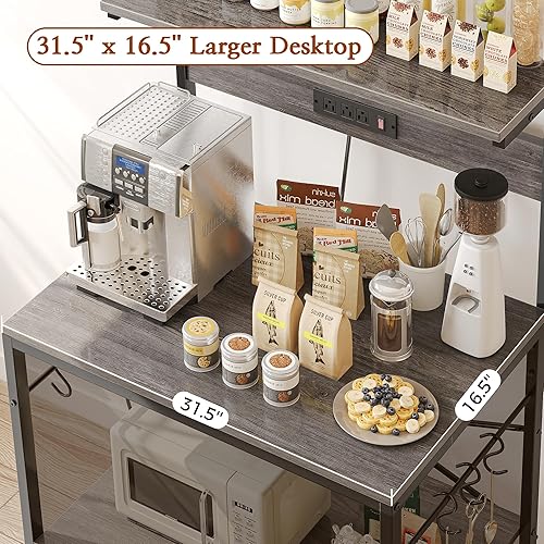 Miniatura 40 de SUPERJARE - Estante de cocina con toma de corriente de 4 niveles, soporte de microondas de cocina con 6 ganchos en forma de S, estante de Marrón