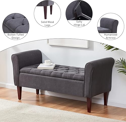 Miniatura 6 de HUIMO Banco de almacenamiento de 48 pulgadas, otomana de almacenamiento con brazos con patas de madera maciza de 7.5 pulgadas, banco de pie de cama