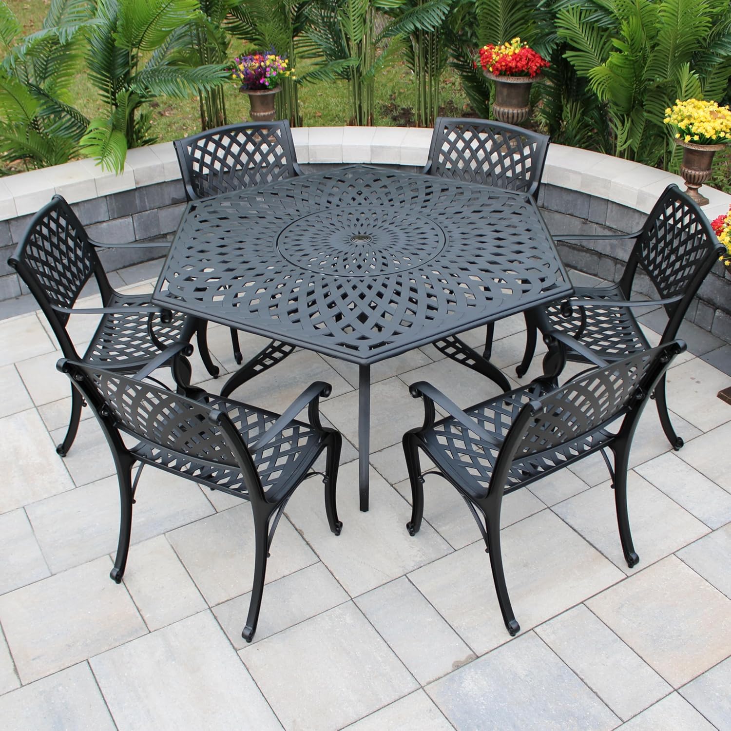 Oakland Living 1822-1016(6)-LBK Modern Ornate Outdoor Mesh Aluminum 63-in Large Black Hexagon Patio Lazy Susan and Six Chairs Dining Set