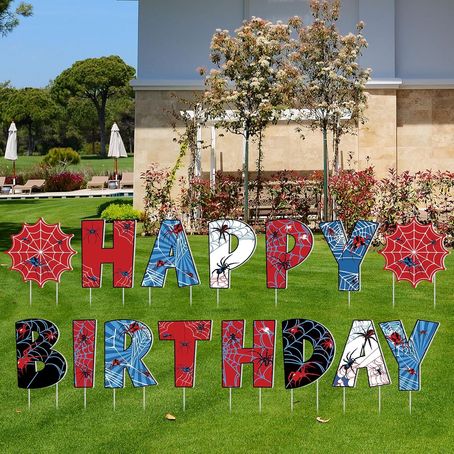 GlikCeil 15 Pcs Spider Happy Birthday Yard Signs with Metal Stakes Happy Birthday Letter Lawn Signs Spider Theme Party Favors Decorations for Outdoor Yard Lawn