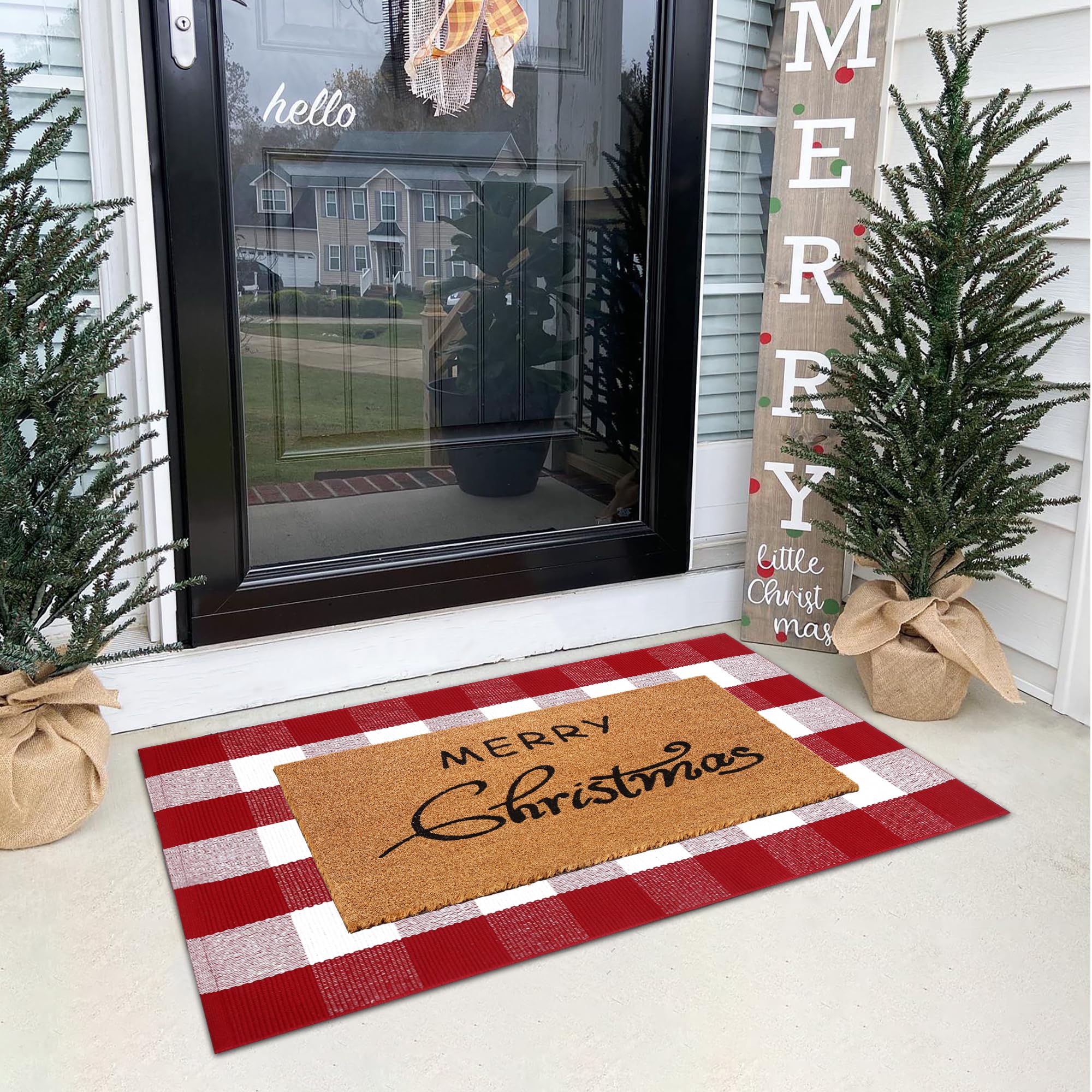 Christmas Door Mat Combo Set - 100% Coco Coir Welcome Mat + 28 x 43 Inch Red and White Plaid Rug, Christmas New Year Holiday Collection Doormat for Front Porch Entryway Decorative