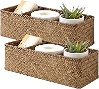 Vista 10 de StorageWorks Cestas de mimbre de 3 secciones para estantes, cestas de almacenamiento de cuerda de papel redondas tejidas a mano, nogal, paquete de 2