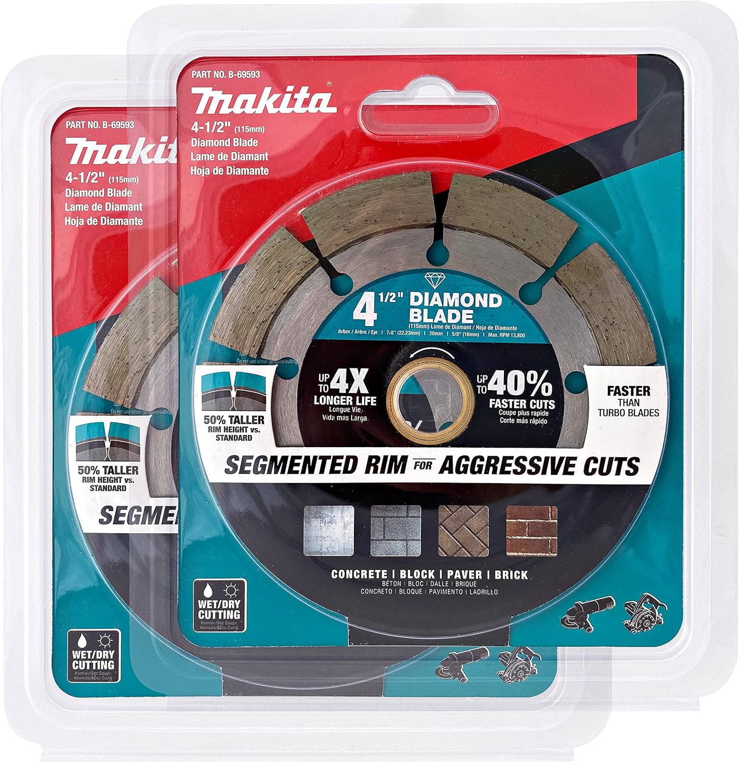 Makita 2 Pack - 4.5” Segmented Rim Diamond Blades For 4.5”+ Grinders & Circular Saws - Long-Lasting Cutting For Concrete, Masonry & Brick - 5/8”, 20mm & 7/8” Arbors