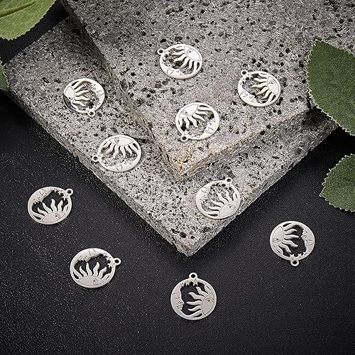 Miniatura 5 de LiQunSweet 10 colgantes de acero inoxidable 304, huecos, planos, redondos, con estrella del sol, luna, para hacer joyas, manualidades