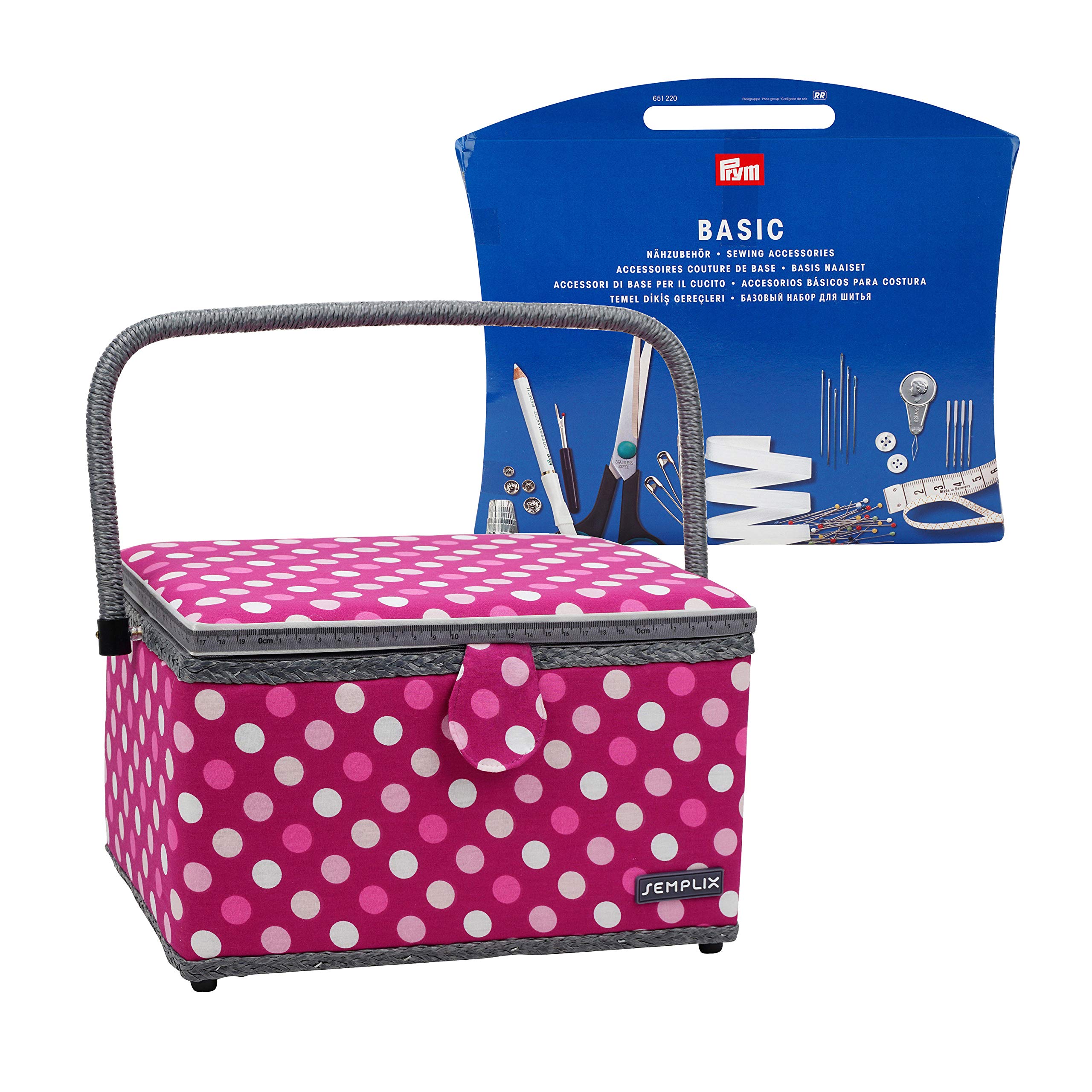 SEMPLIX Nähkorb Größe L gefüllt (30x22x19cm) - kompatibel mit Prym NähzubehörSet/Nähsortiment (im Lieferumfang enthalten) - Polka Dots Beere-rosa