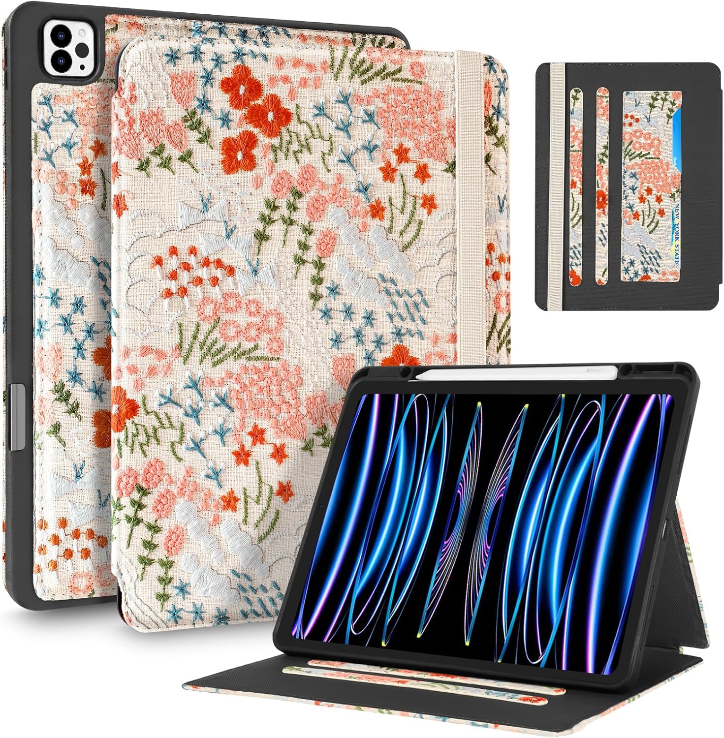 Uppuppy for iPad Air 13 Inch Case M3 2025/M2 2024, for iPad Pro 12.9 Case 6th/5th/4th/3rd Gen - Women Girls Cute Embroidered Folio Stand Cover with Pencil Holder & Card Slot Design Girly Floral Flower