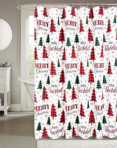 Miniatura 9 de Serafina Home Cortina de ducha navideña navideña para baño diseño ornamental de copo de nieve rojo de tela elegante, diseño decorativo de impresión