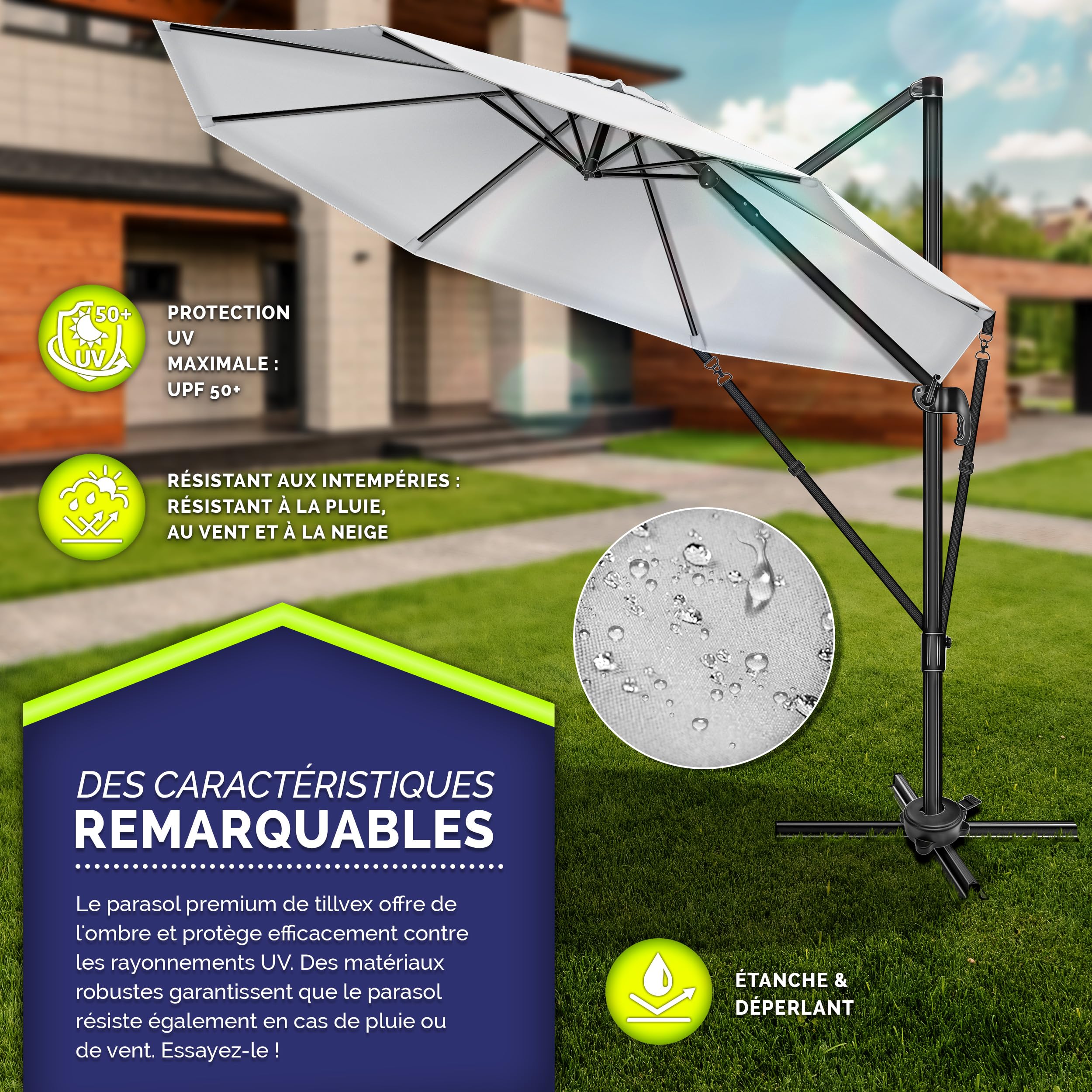tillvex® Parasol déporté hexagonale 330 cm Premium avec manivelle | Avec housse et protection contre le vent | Parasol à manivelle réglable sur 7 positions | Parasol de jardin aluminium pivotant à 360