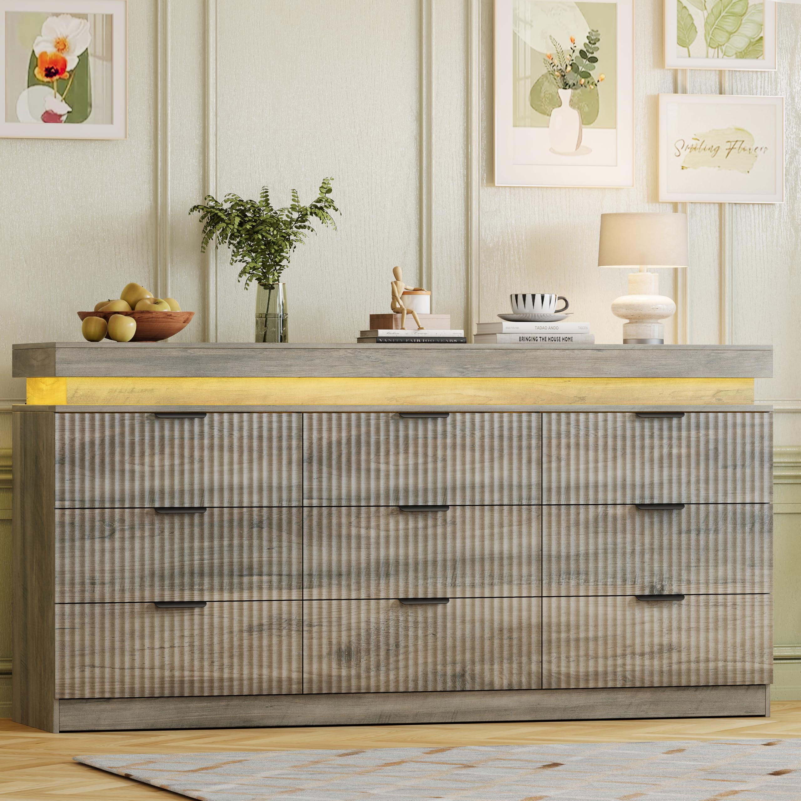 Fluted 9 Drawer Dresser LED Lights &amp; Charging Station Wood Grey