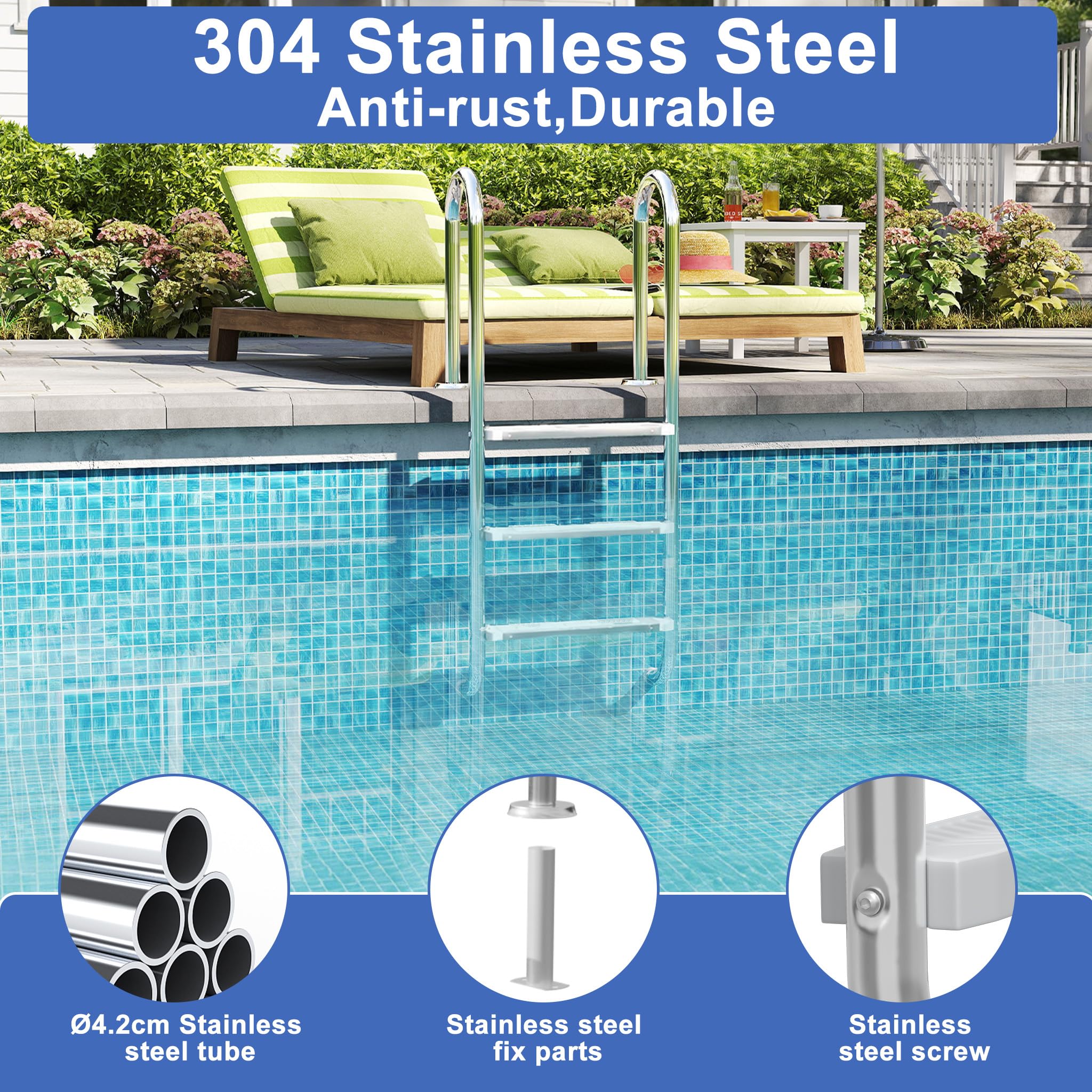 UISEBRT Échelle de piscine en acier inoxydable 304 | Échelle de piscine à 3 marches | 132 x 54 x 26,5 cm - Argent | Échelle de piscine avec antidérapant | Échelle d'accès pour piscine et bassin |