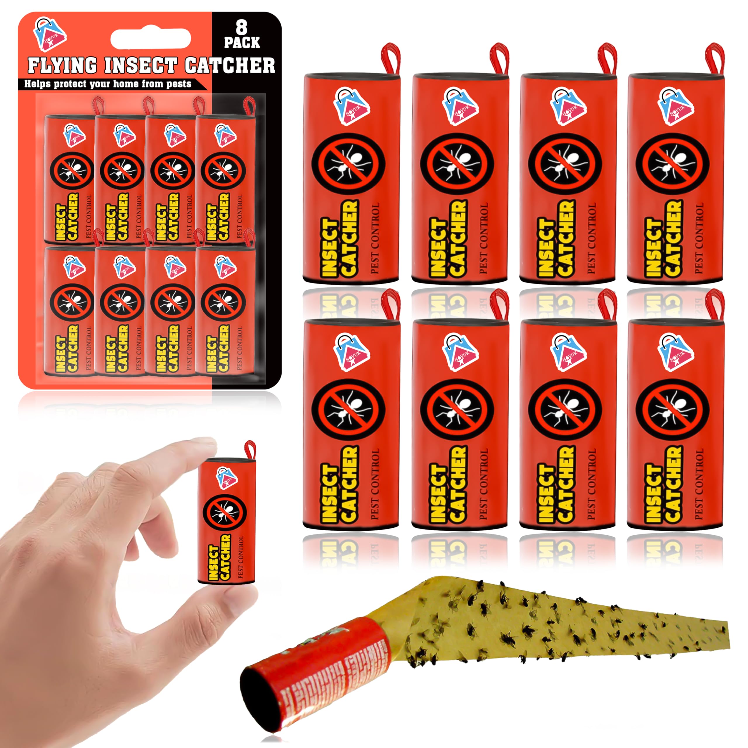 8x Flying Insect Paper Catchers, Fruit Fly Trap, Sticky Fly Catchers Set, Dual Sided Traps, Strong Sticky Glue Hanging Pest Control for Indoor and Outdoor