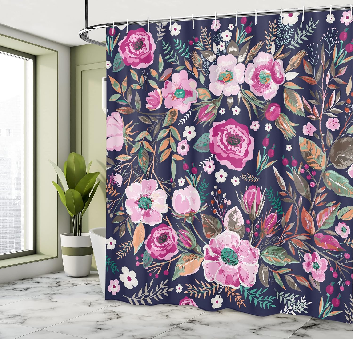 Ambesonne Floral Shower Curtain, Shabby Form Flowers Roses Petals Dots Leaves Buds Spring Season Theme Image Artwork, Cloth Fabric Bathroom Decor Set with Hooks, 69" W x 75" L, Indigo Magenta
