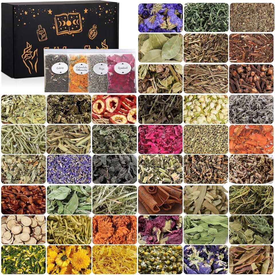 Vakuny 45pcs Witchcraft Supplies Kit, Bulk Dried Flowers for Wiccan Rituals, Magic Spells, Soap Making Bath, Hoodoo Herbs for Witchcraft Altar Decor, Herb Witchy Gifts for Women