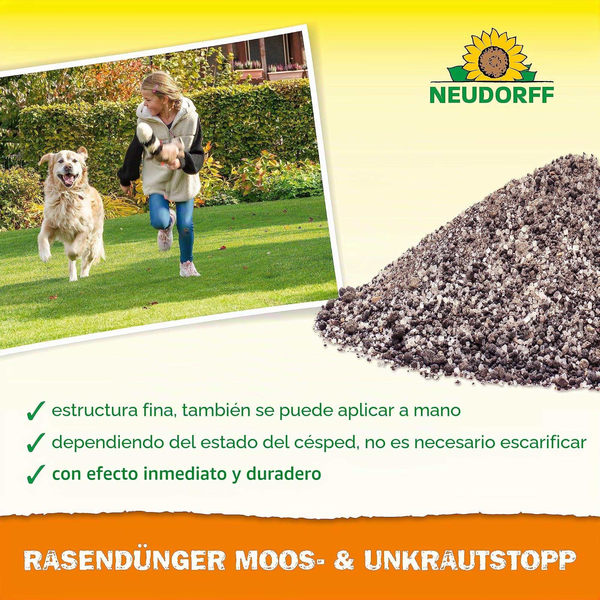 Neudorff Fertilizante para Césped Con Hierro y Potasio - Elimina Musgo y Malas Hierbas, Proporciona un Césped Denso y Verde - 10 kg para 200 m²