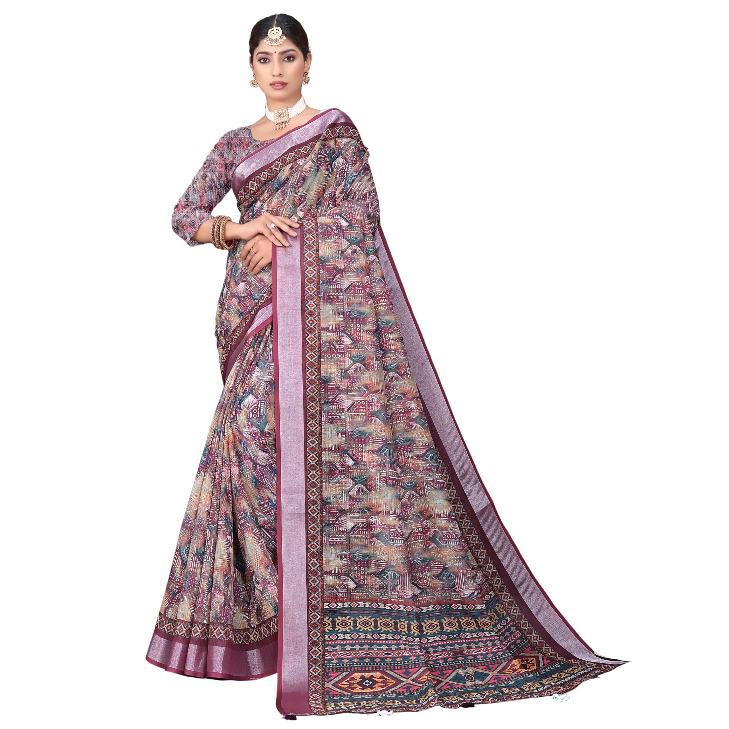 Premium Linen Fabric Coffe Multi Geomatric Print Digital Print Saree With Fancy Latkans-image-48