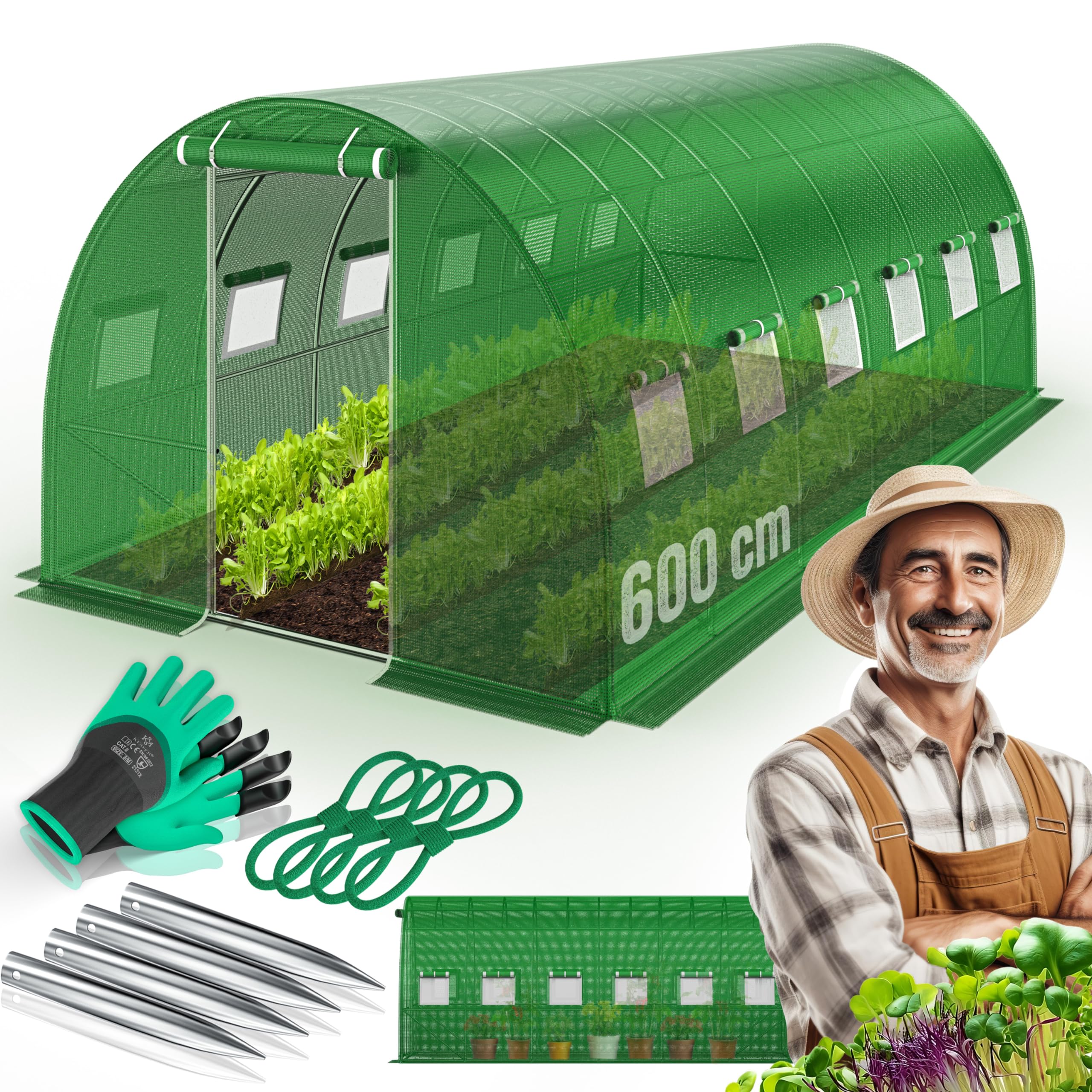 KESSER® Folien-Gewächshaus Stabil mit 12 Fenster mit Moskitonetz & Tür | Gartentunnel mit Rahmen aus verzinktem Stahl | Folientunnel 170g/m² inkl. Erdanker Handschuhen & Seilen | 600x300cm Grün