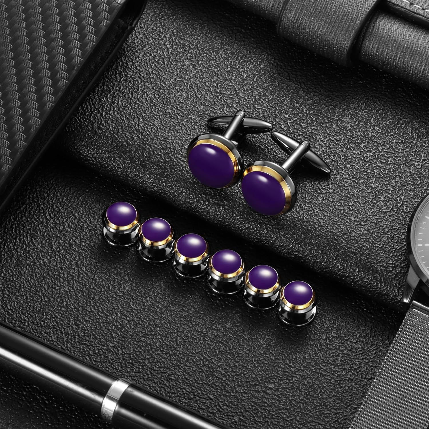 HAWSON Cufflinks and Studs for Men-Fashion Men Vintage Enamel Carbon Fiber Tuxedo Shirt Cufflinks and Studs Set for Regular Wedding Business Accessories - Image 4