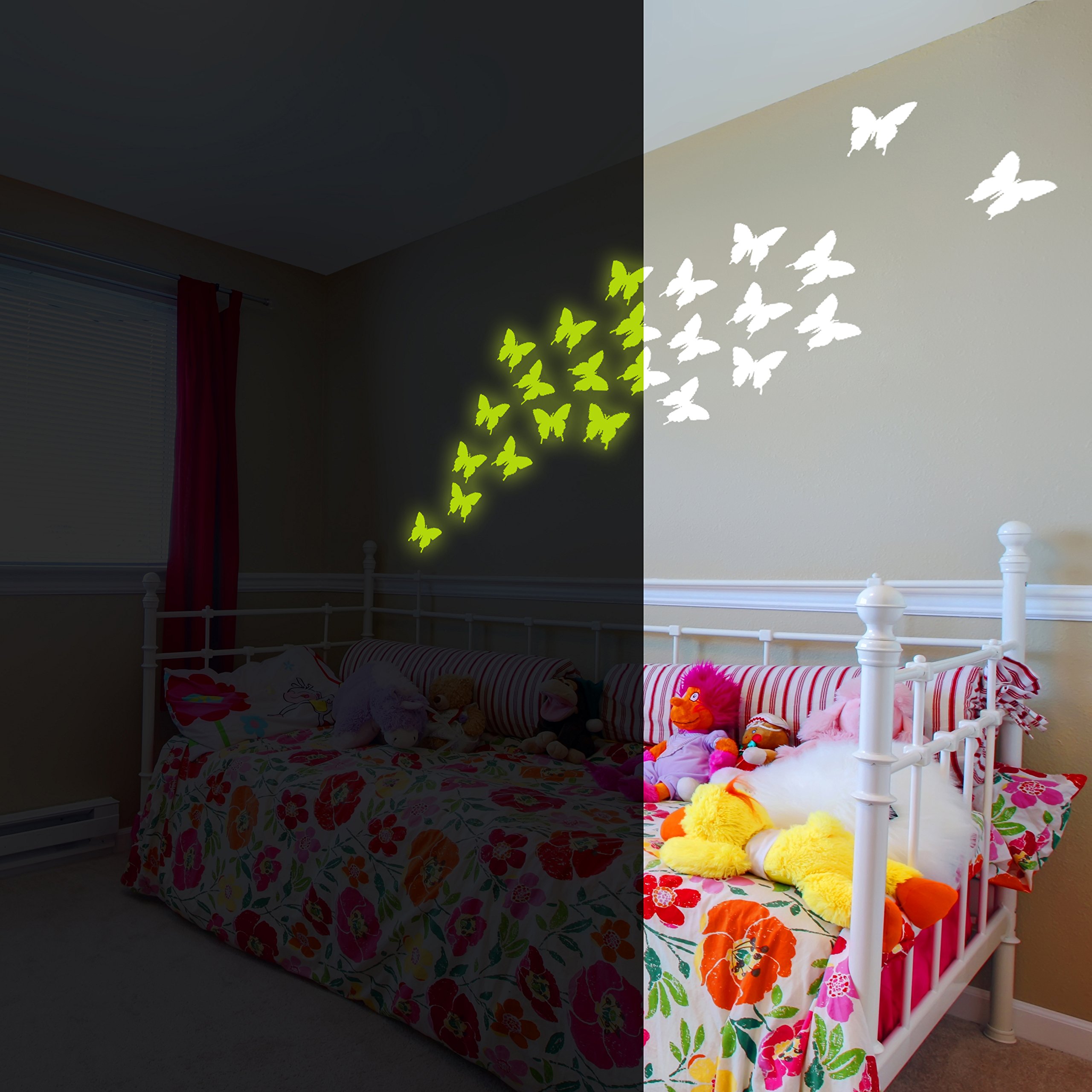 (140x 140cm) 24PCS Glowing Vinyl Wand Aufkleber Flying Butterflies/Glow in Dark Nature Aufkleber/Leuchtziffern Schmetterling Flock Wandbild + Gratis Aufkleber Geschenk
