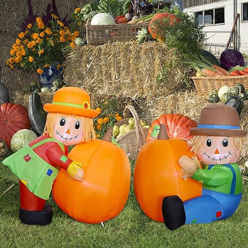 Miniatura 6 de Lulu Home Decoración inflable de Acción de Gracias, juego de 2 espantapájaros soplados por aire para parejas con luces LED integradas para